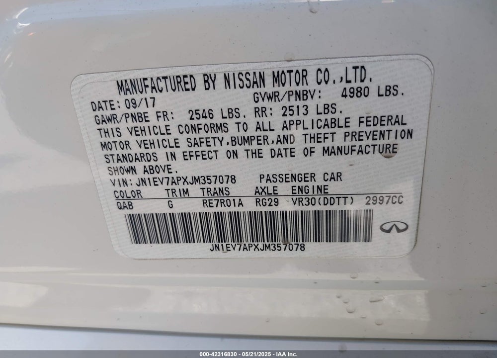 2018 INFINITI Q50 VIN: JN1EV7APXJM357078