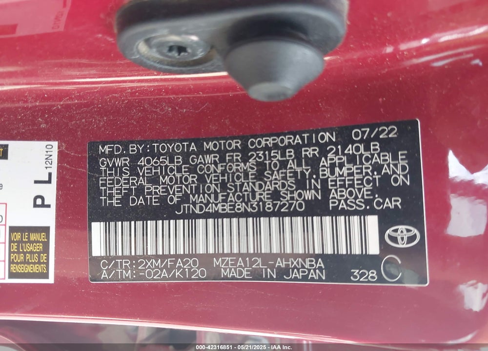 2022 TOYOTA COROLLA SE VIN: JTND4MBE8N3187270