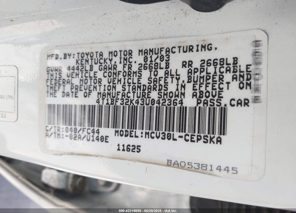 2003 TOYOTA CAMRY SE V6 VIN: 4T1BF32K43U042364