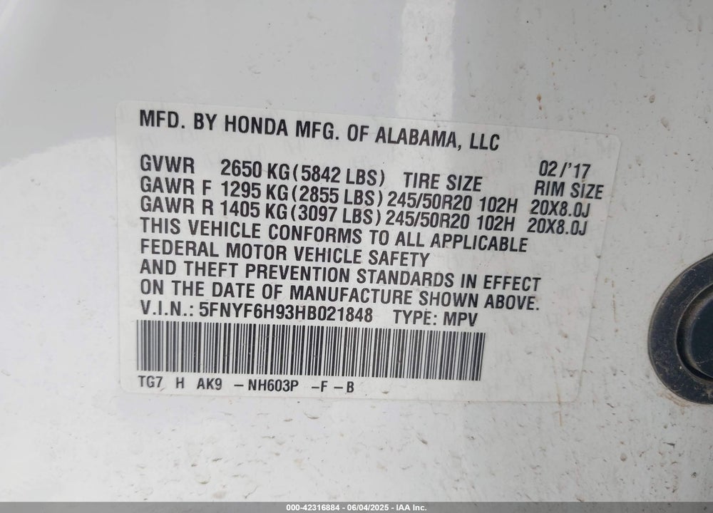 2017 HONDA PILOT VIN: 5FNYF6H93HB021848