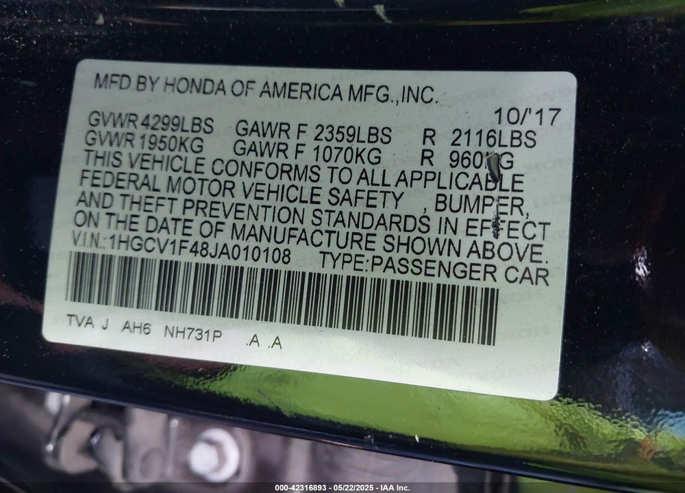 2018 HONDA ACCORD EX VIN: 1HGCV1F48JA010108