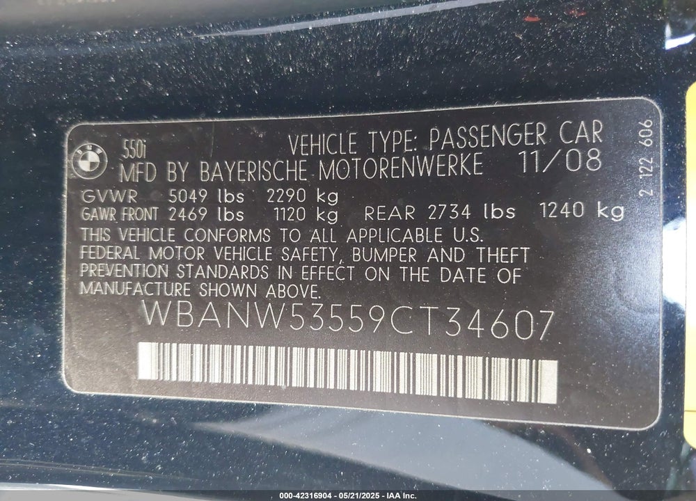 2009 BMW 550I VIN: WBANW53559CT34607