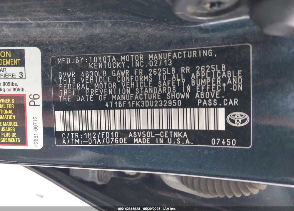 2013 TOYOTA CAMRY LE VIN: 4T1BF1FK3DU232950
