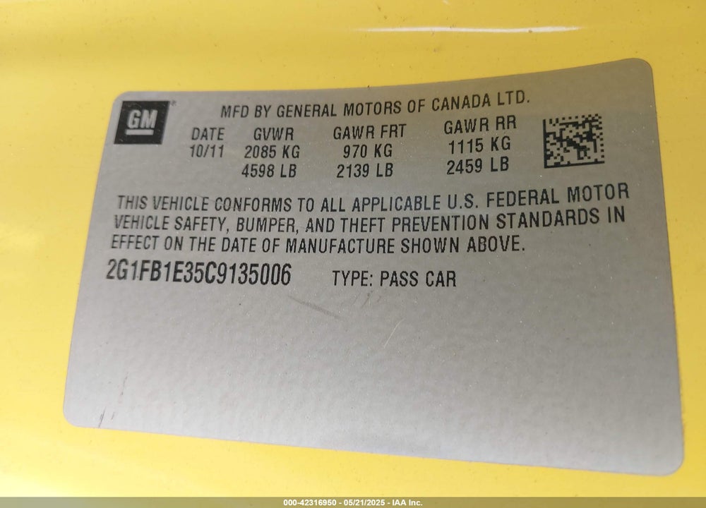 2012 CHEVROLET CAMARO VIN: 2G1FB1E35C9135006