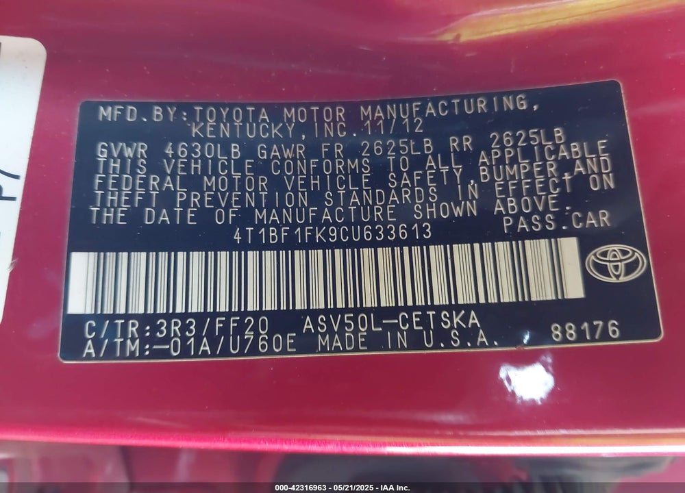 2012 TOYOTA CAMRY VIN: 4T1BF1FK9CU633613