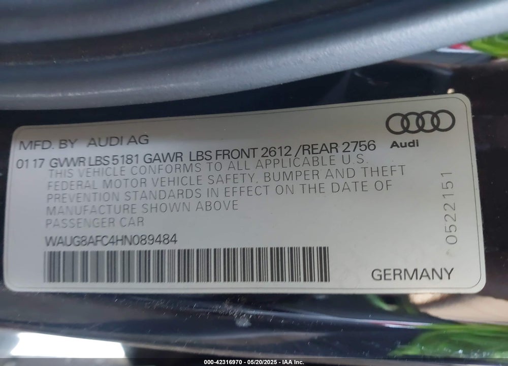 2017 AUDI A6 VIN: WAUG8AFC4HN089484