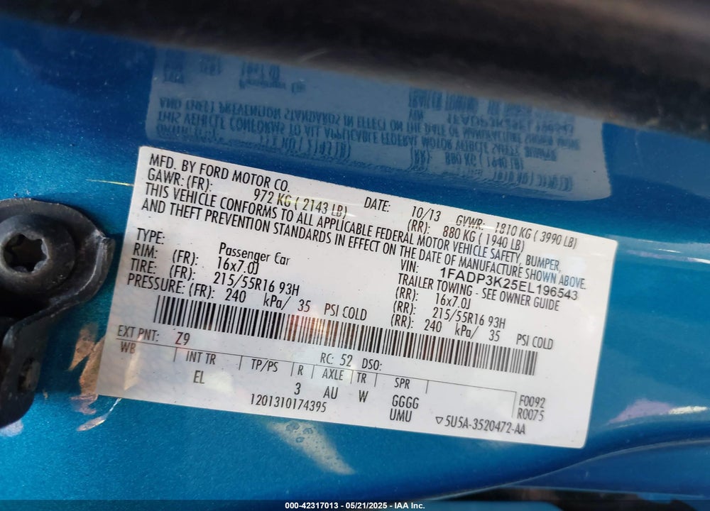 2014 FORD FOCUS VIN: 1FADP3K25EL196543
