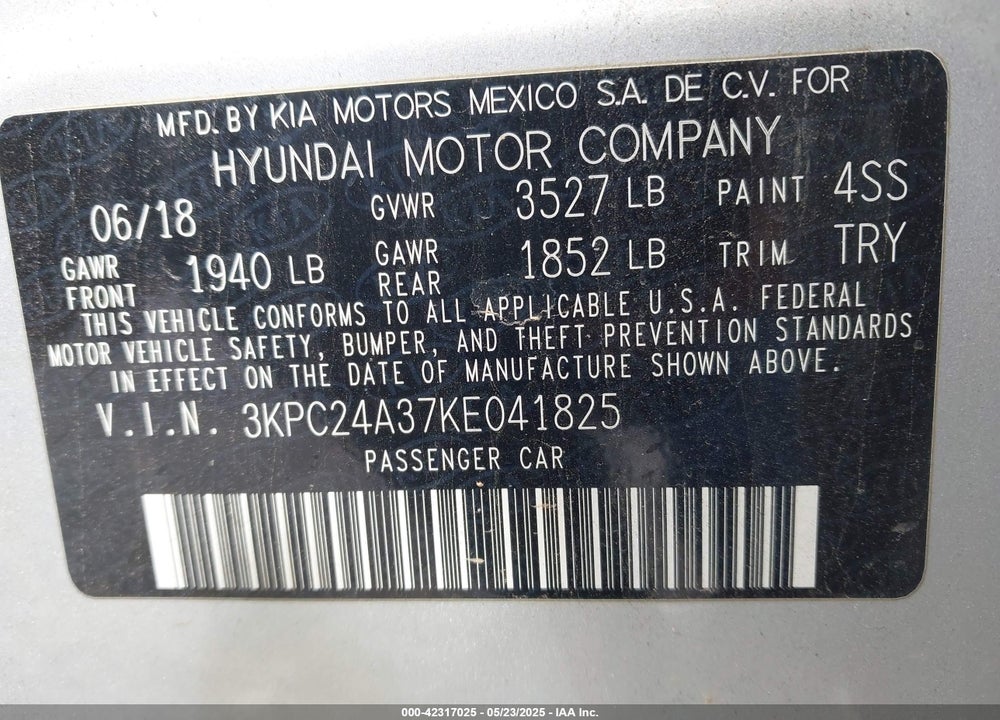 2019 HYUNDAI ACCENT SE VIN: 3KPC24A37KE041825