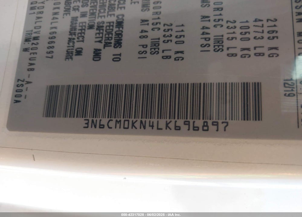 2020 NISSAN NV200  CARGO S XTRONIC CVT VIN: 3N6CM0KN4LK696897