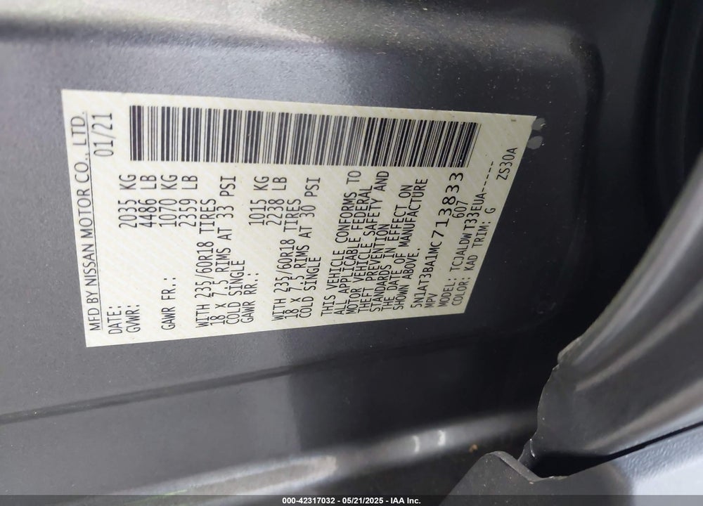 2021 NISSAN ROGUE SV FWD VIN: 5N1AT3BA1MC713833