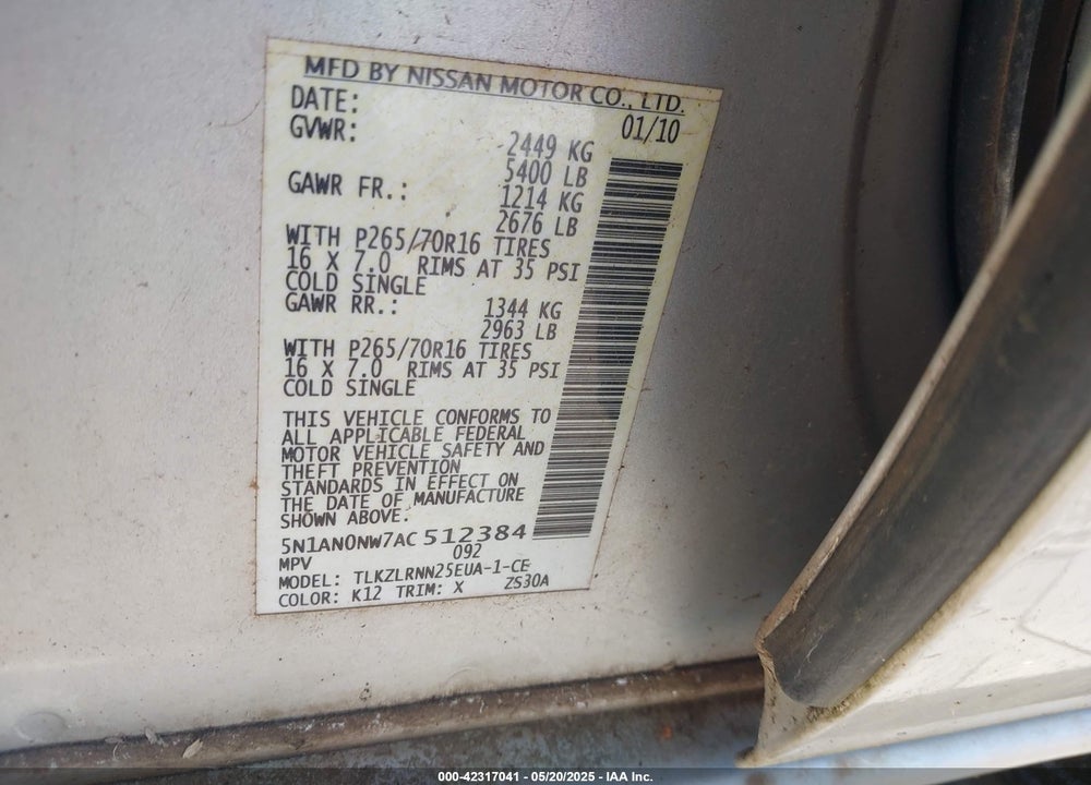 2010 NISSAN XTERRA VIN: 5N1AN0NW7AC512384