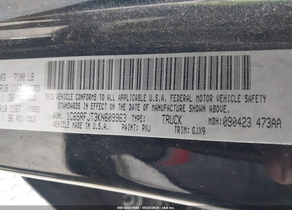 2019 RAM 1500 VIN: 1C6SRFJT3KN609963