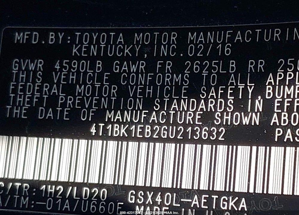 2016 TOYOTA AVALON VIN: 4T1BK1EB2GU213632