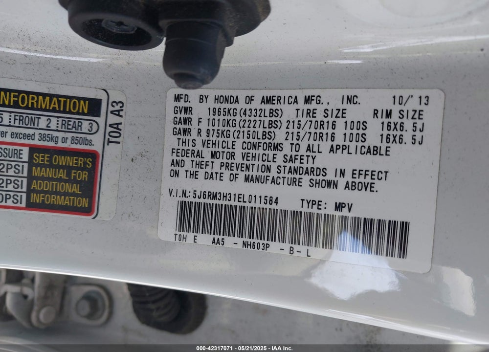 2014 HONDA CR-V LX VIN: 5J6RM3H31EL011584