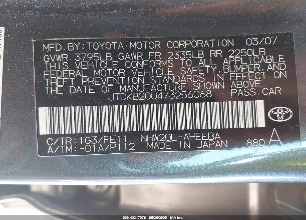 2007 TOYOTA PRIUS VIN: JTDKB20U473256068