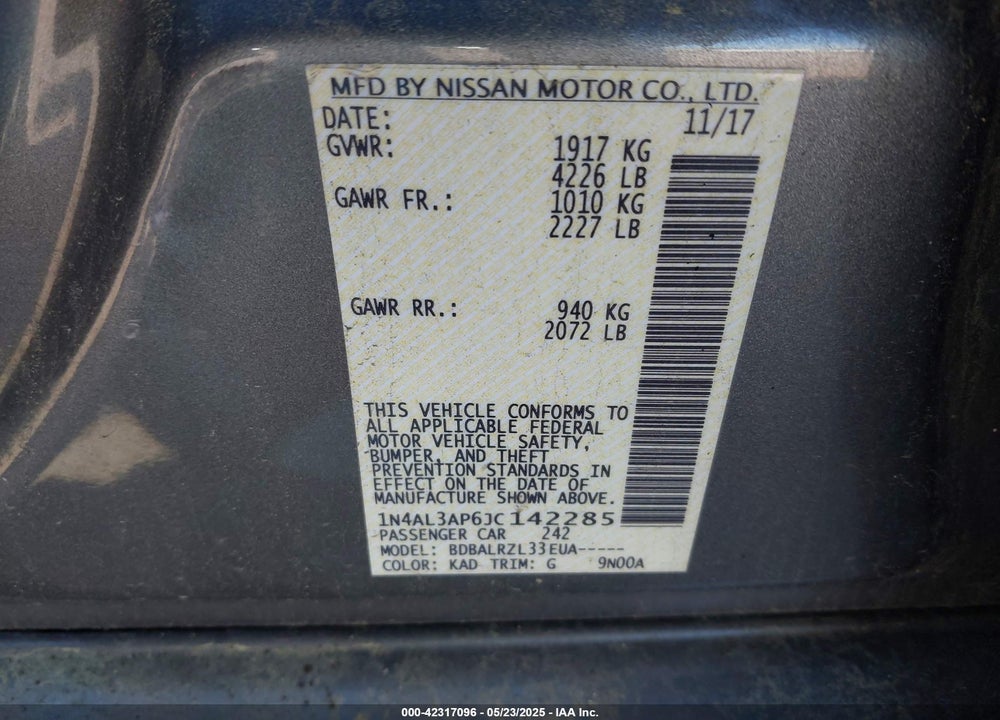 2018 NISSAN ALTIMA VIN: 1N4AL3AP6JC142285