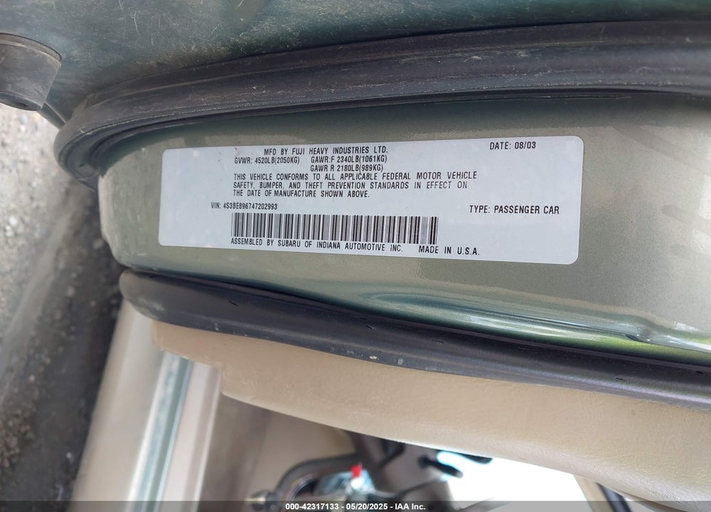 2004 SUBARU OUTBACK H6-3.0/H6-3.0 VDC VIN: 4S3BE896747202993