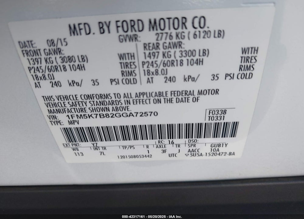 2016 FORD EXPLORER VIN: 1FM5K7B82GGA72570