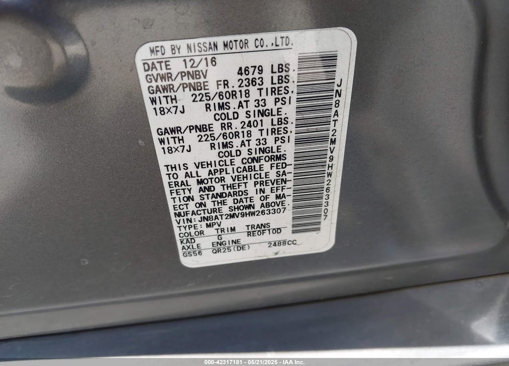 2017 NISSAN ROGUE VIN: JN8AT2MV9HW263307