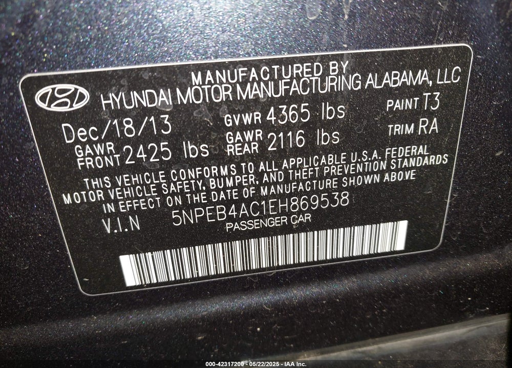2014 HYUNDAI SONATA VIN: 5NPEB4AC1EH869538