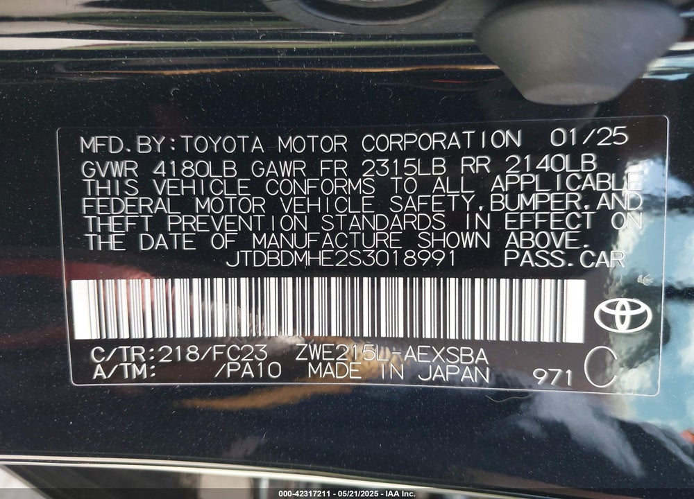 2025 TOYOTA COROLLA VIN: JTDBDMHE2S3018991