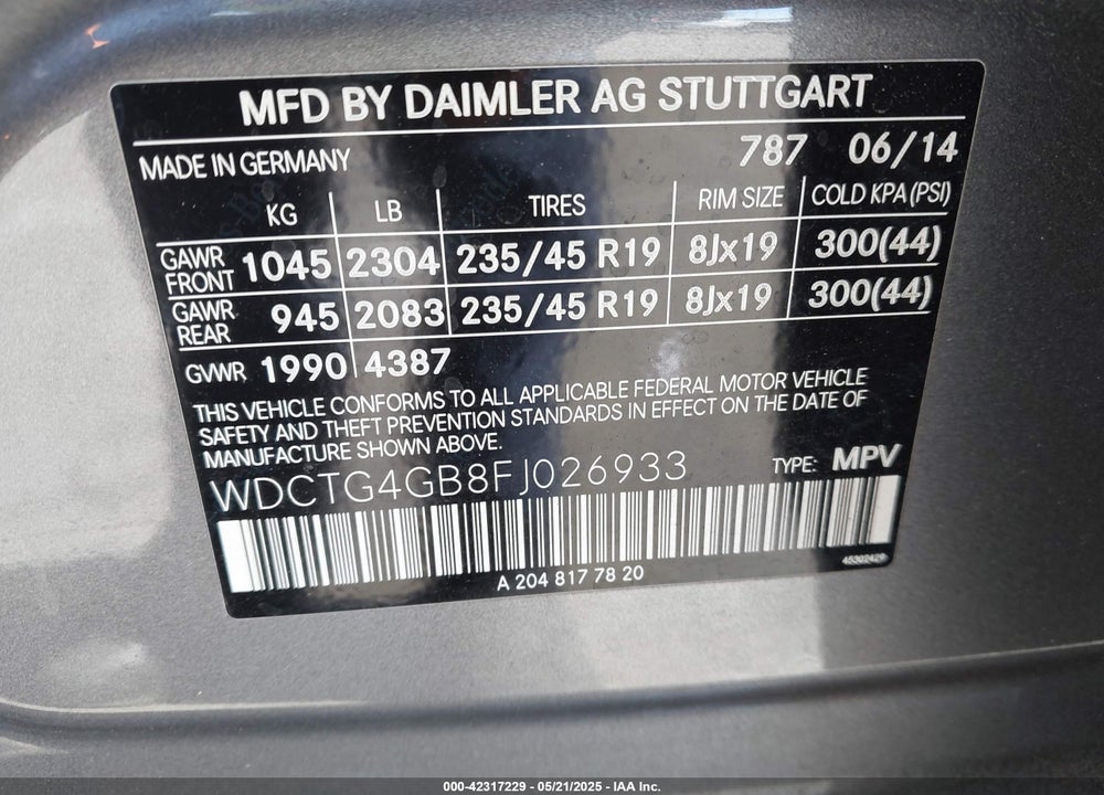 2015 MERCEDES-BENZ GLA 250 VIN: WDCTG4GB8FJ026933