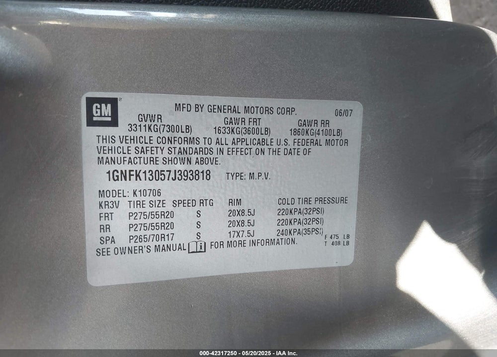 2007 CHEVROLET TAHOE VIN: 1GNFK13057J393818