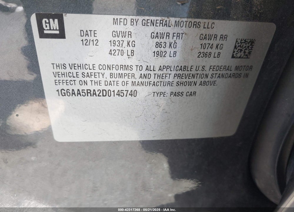 2013 CADILLAC ATS STANDARD VIN: 1G6AA5RA2D0145740