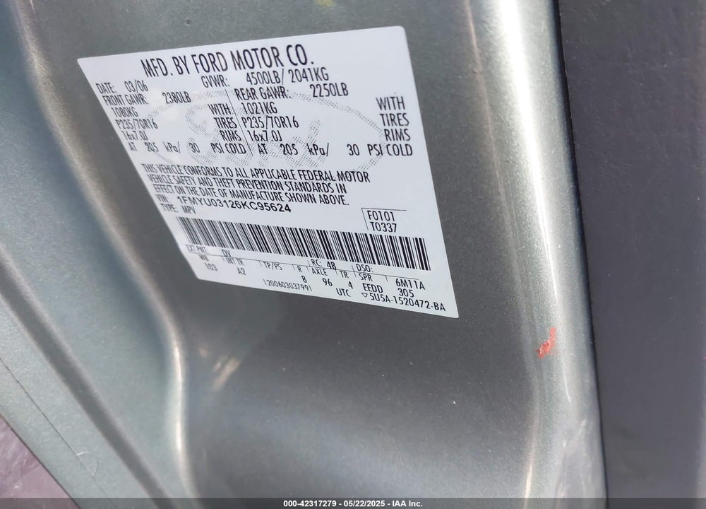 2006 FORD ESCAPE VIN: 1FMYU03126KC95624