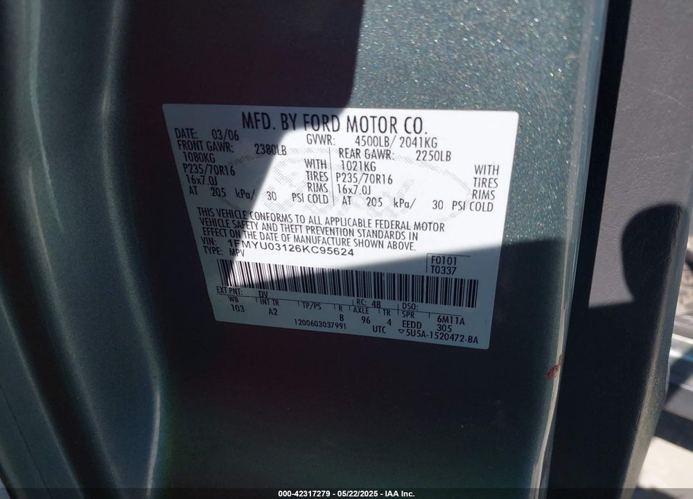2006 FORD ESCAPE VIN: 1FMYU03126KC95624