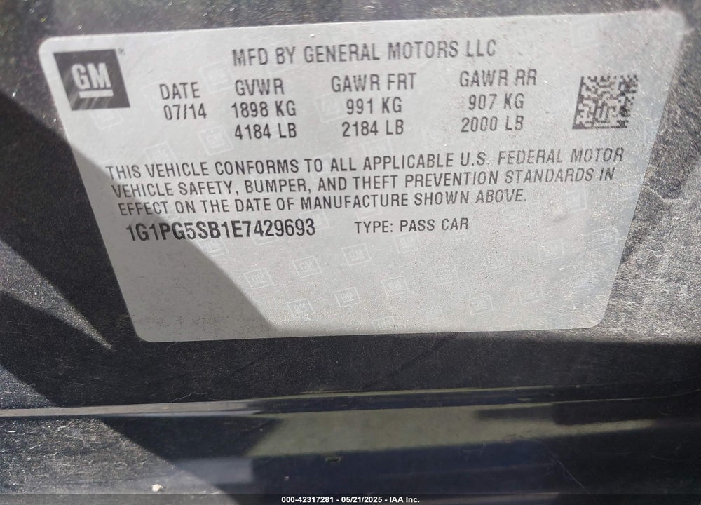 2014 CHEVROLET CRUZE VIN: 1G1PG5SB1E7429693