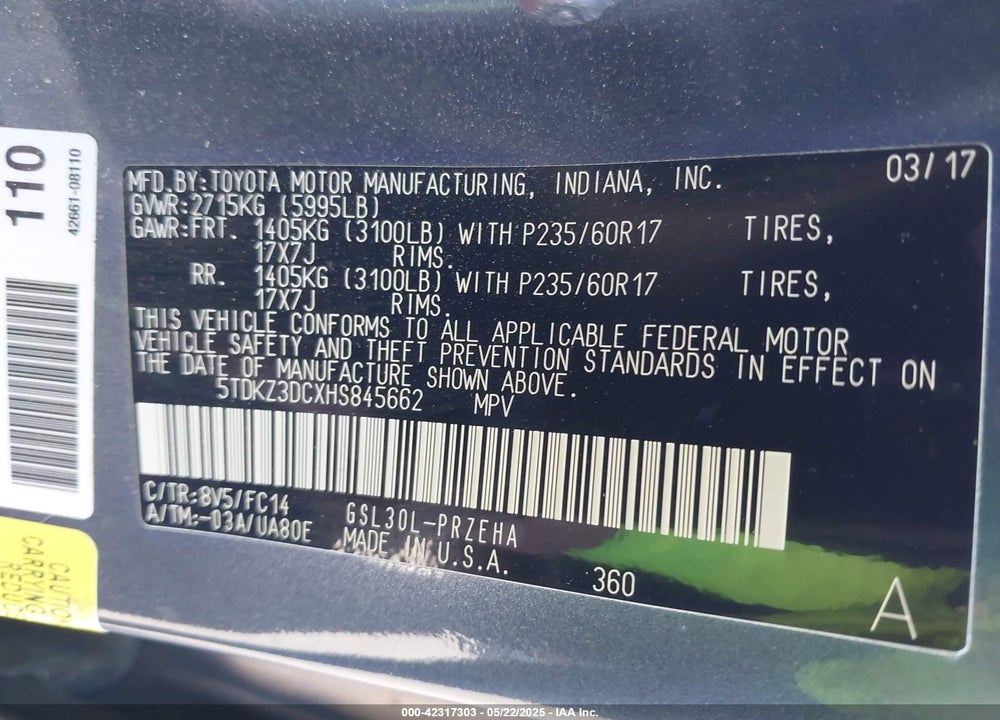 2017 TOYOTA SIENNA LE 8 PASSENGER VIN: 5TDKZ3DCXHS845662