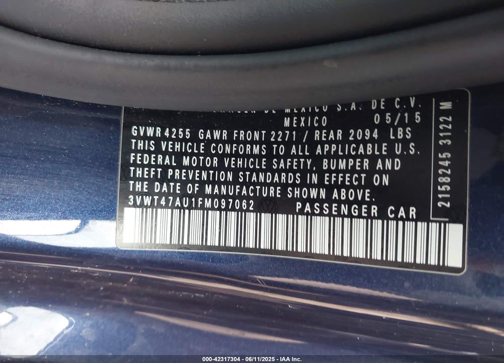 2015 VOLKSWAGEN GOLF VIN: 3VWT47AU1FM097062