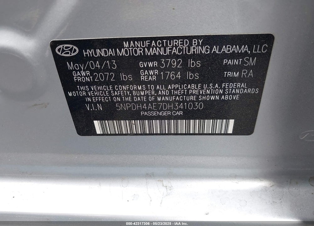 2013 HYUNDAI ELANTRA LIMITED VIN: 5NPDH4AE7DH341030
