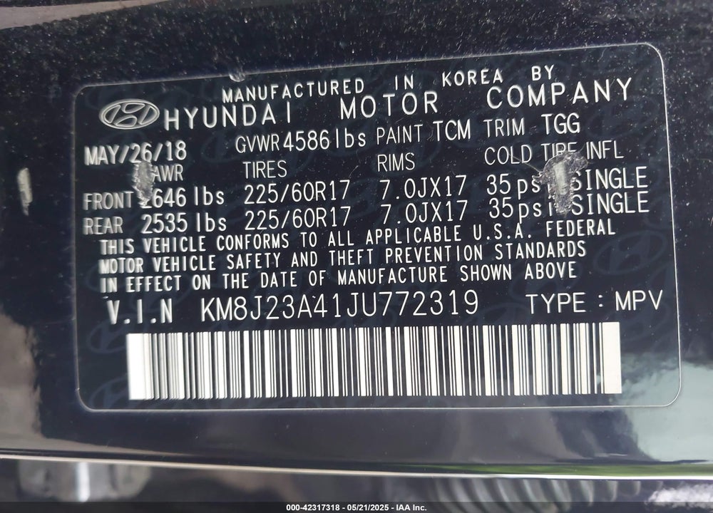 2018 HYUNDAI TUCSON VIN: KM8J23A41JU772319
