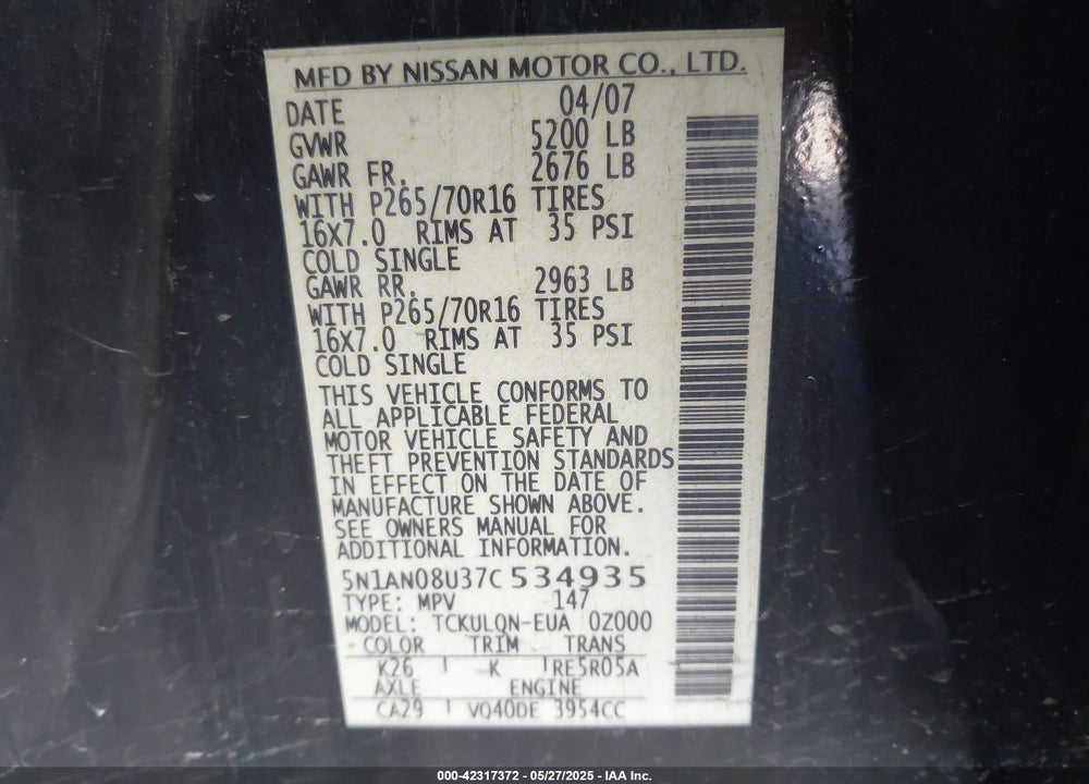 2007 NISSAN XTERRA X VIN: 5N1AN08U37C534935