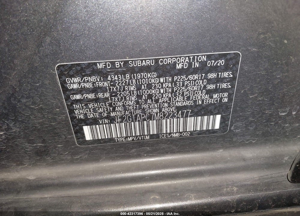 2021 SUBARU CROSSTREK VIN: JF2GTAPC7M8223477
