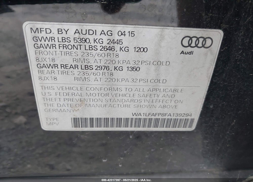 2015 AUDI Q5 VIN: WA1LFAFP8FA139294