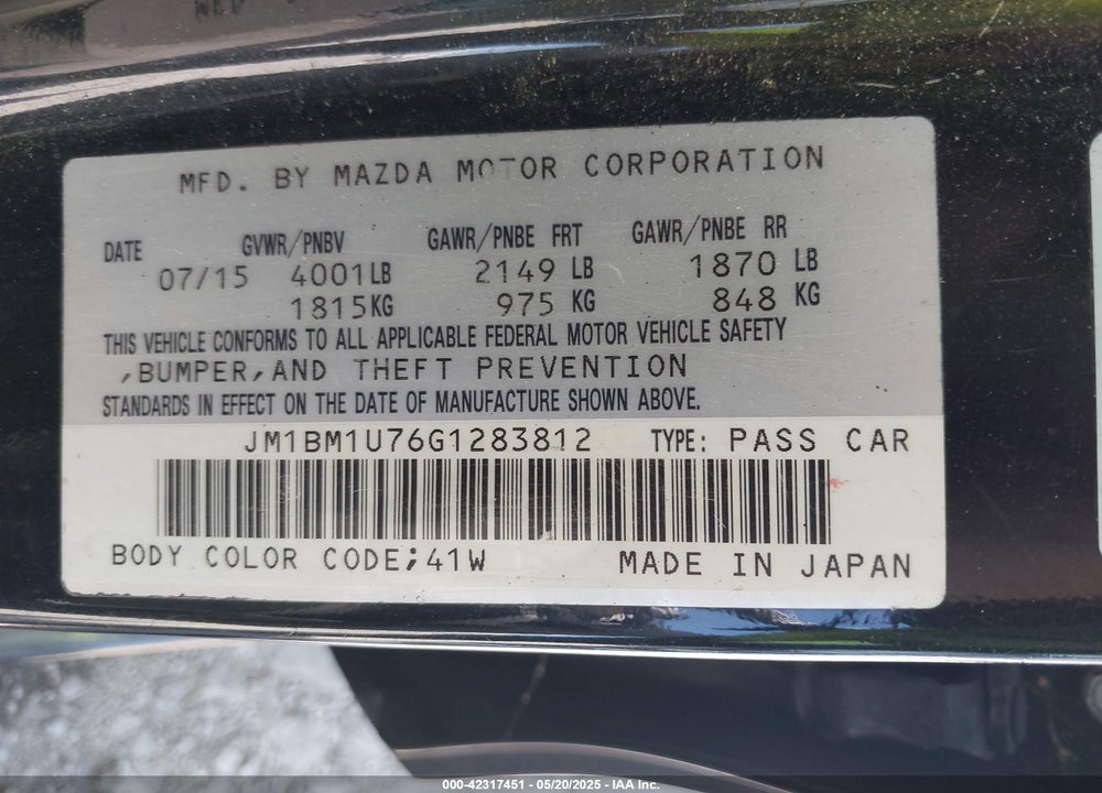 2016 MAZDA MAZDA3 VIN: JM1BM1U76G1283812