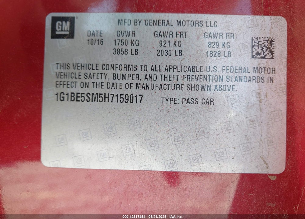 2017 CHEVROLET CRUZE VIN: 1G1BE5SM5H7159017