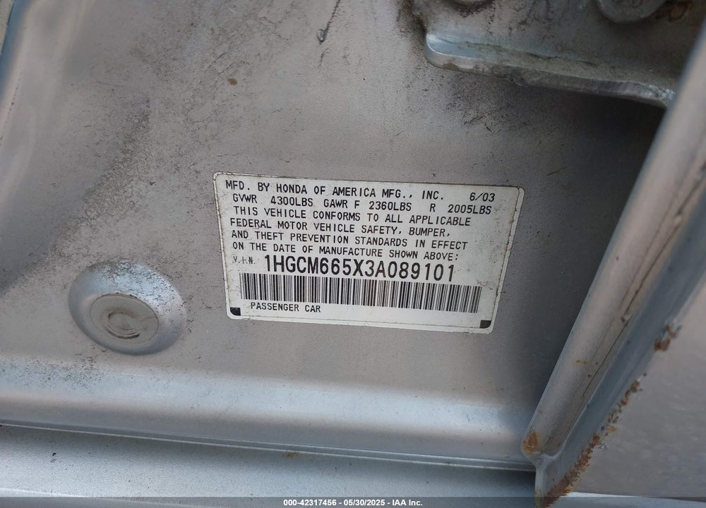 2003 HONDA ACCORD 3.0 EX VIN: 1HGCM665X3A089101
