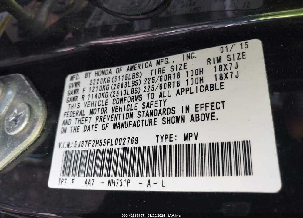 2015 HONDA CROSSTOUR VIN: 5J6TF2H55FL002769