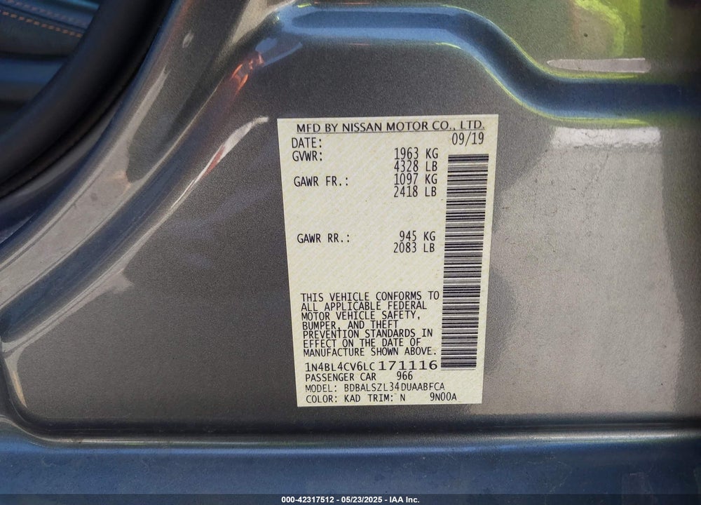 2020 NISSAN ALTIMA SR FWD VIN: 1N4BL4CV6LC171116
