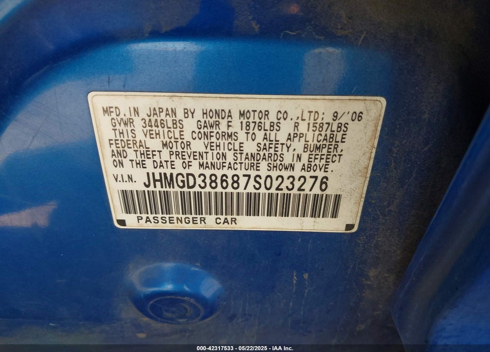 2007 HONDA FIT SPORT VIN: JHMGD38687S023276