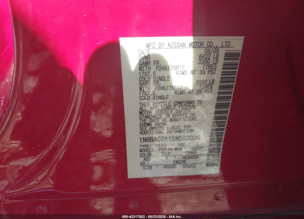 2005 NISSAN TITAN VIN: 1N6BA07A15N563036