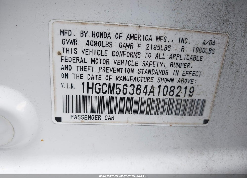 2004 HONDA ACCORD 2.4 LX VIN: 1HGCM56364A108219