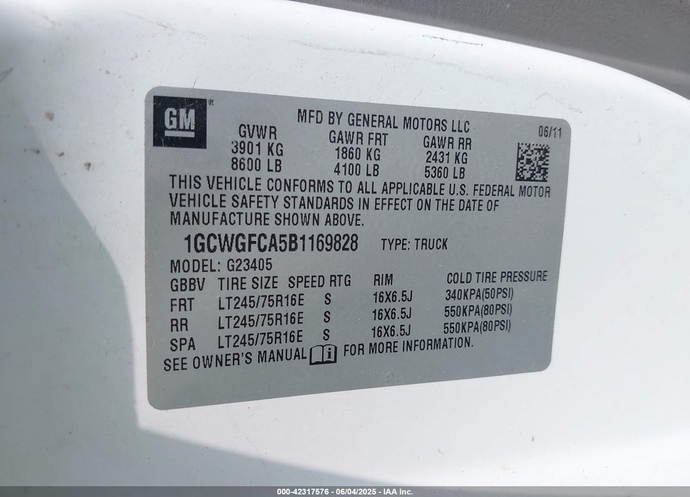 2011 CHEVROLET EXPRESS 2500 WORK VAN VIN: 1GCWGFCA5B1169828