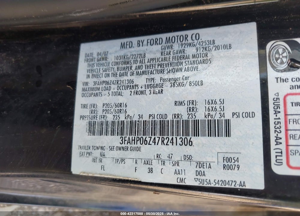 2007 FORD FUSION S VIN: 3FAHP06Z47R241306