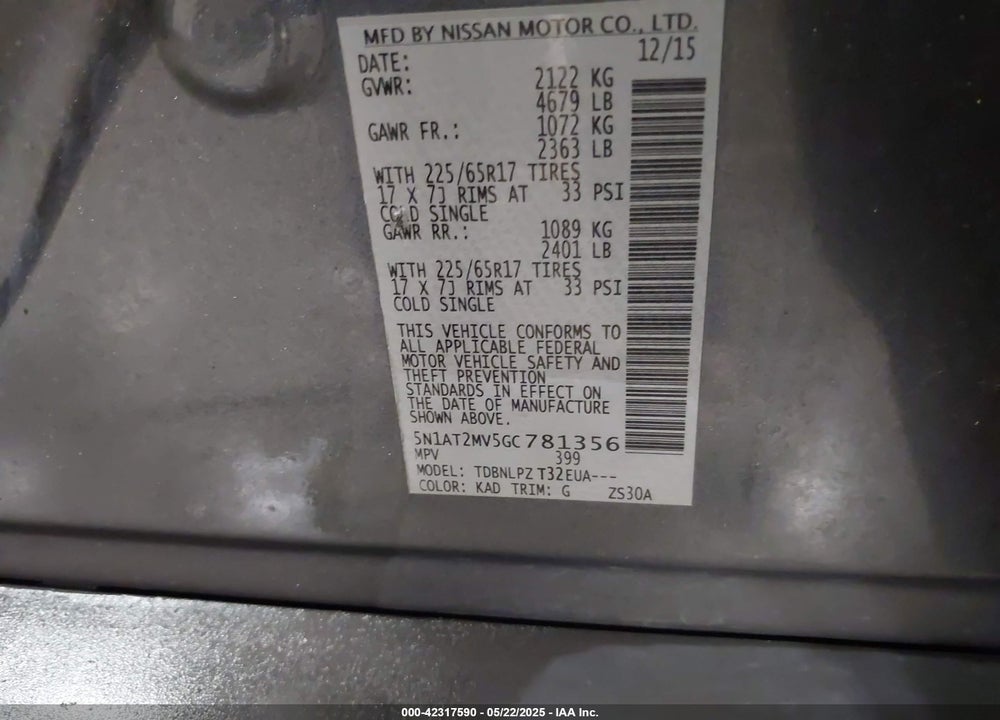 2016 NISSAN ROGUE S/SL/SV VIN: 5N1AT2MV5GC781356