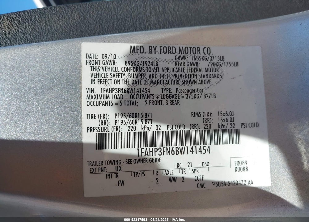2011 FORD FOCUS SE VIN: 1FAHP3FN6BW141454
